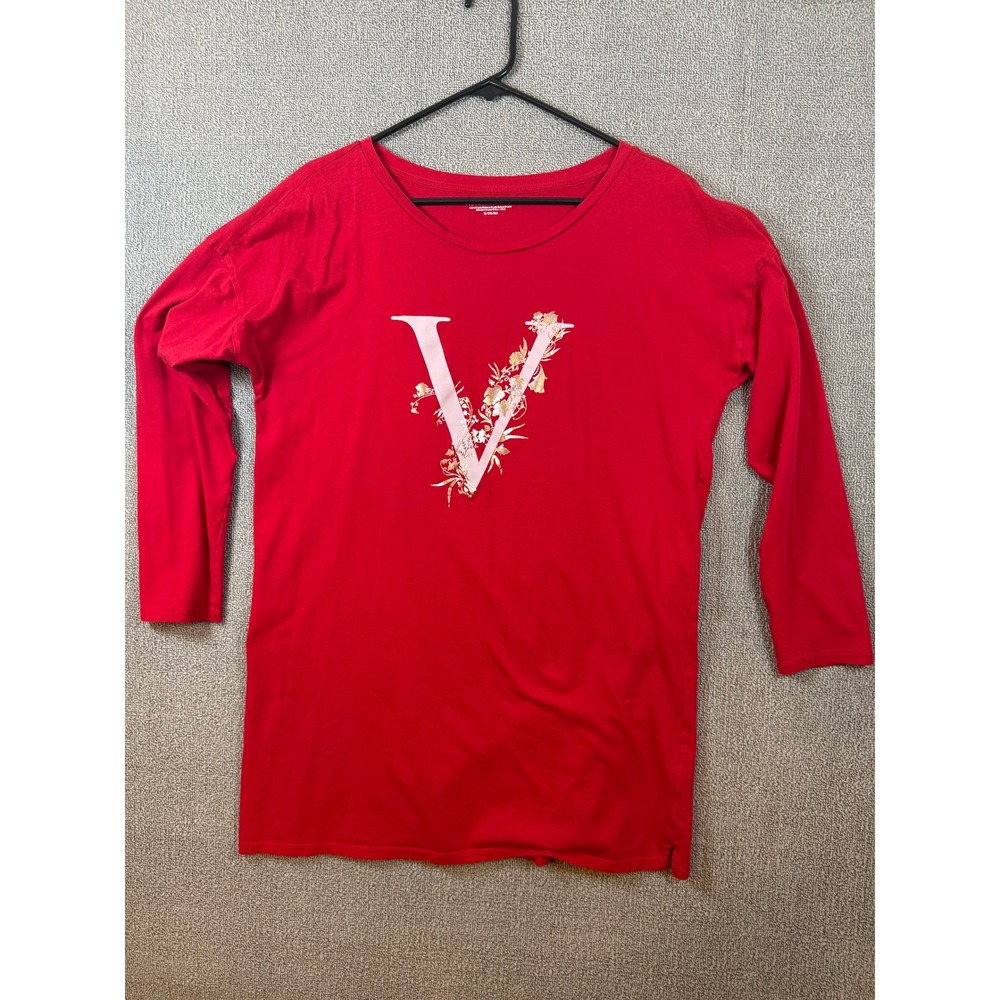 Victoria's Secret Graphic Tee Womens Medium Red Excellent Floral V Long Sleeve